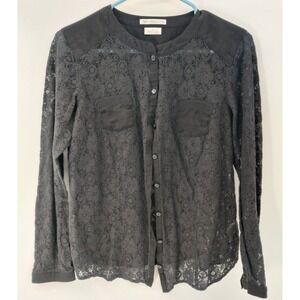 Van Heusen Studio Womens Black Floral Lace Button Down Blouse Long Sleeve Medium